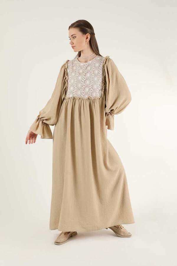 Zulays - Dantel Detay Fırfırlı Elbise Taş