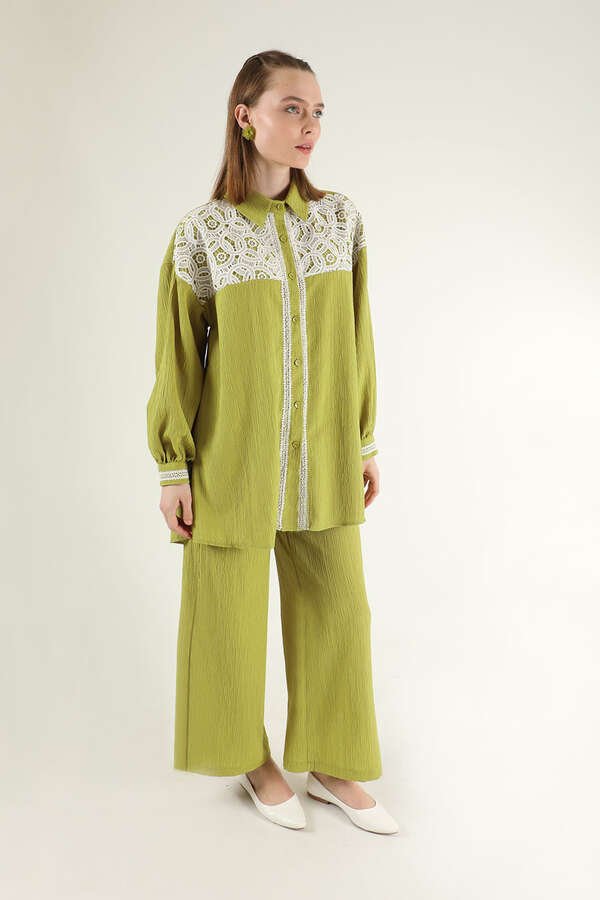 Zulays - Dantel Detaylı Gömlek Takım Yeşil