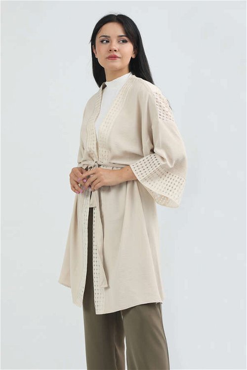 Dantelli Kısa Kimono Bej