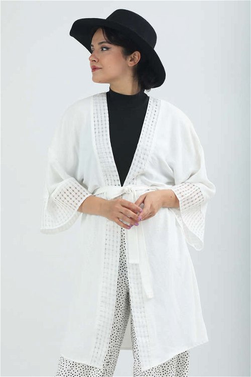 Dantelli Kısa Kimono Ekru