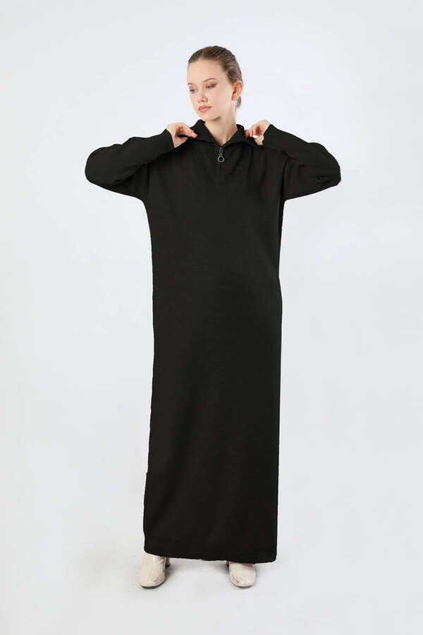 Zulays - Dik Yaka Fermuarlı Triko Elbise Siyah