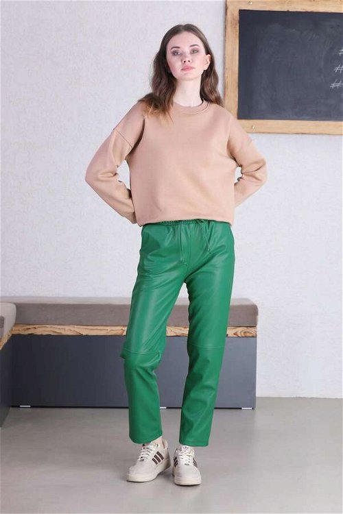 Dikiş İzli Deri Pantolon Yeşil