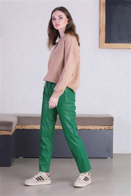 Dikiş İzli Deri Pantolon Yeşil