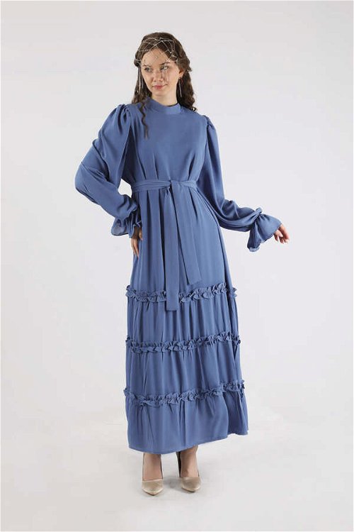 Zulays - Dökümlü Fırfırlı Elbise İndigo
