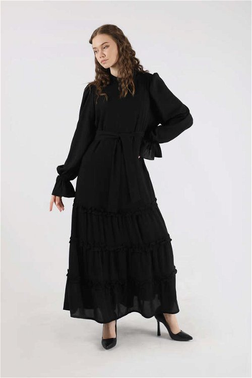Dökümlü Fırfırlı Elbise Siyah