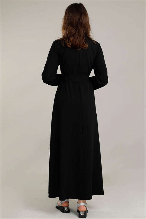 Dört Cepli Uzun Kemerli Elbise Siyah