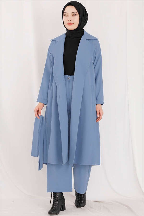 Double Breasted Closure Pleated Jacket Sky Blue