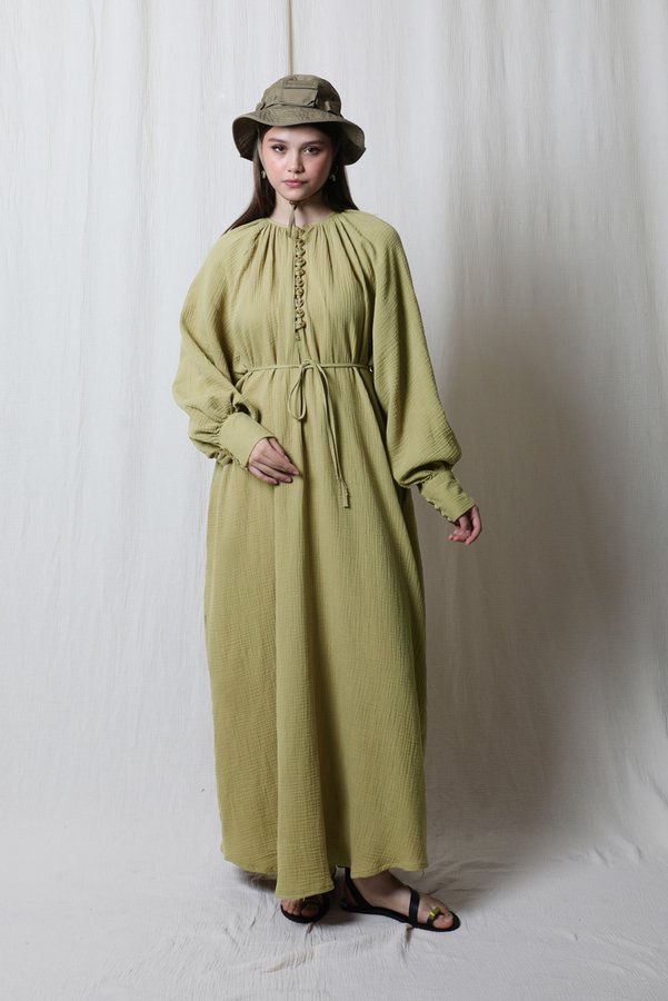 Zulays - Düğme Yaka Müslin Elbise Yağ Yeşili