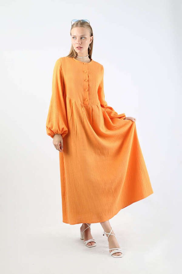 Zulays - Robası Düğmeli Müslin Elbise Oranj