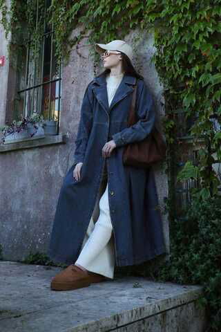 Zulays - Düğmeli Salaş Denim Trençkot Koyu Mavi