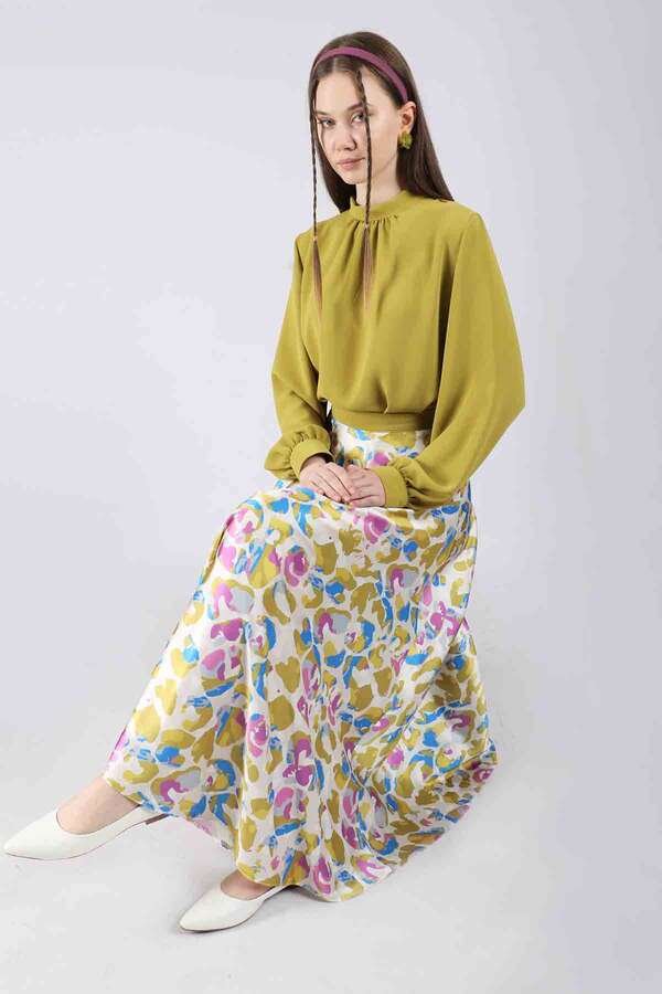 Ebru Patterned Skirt Set Oil Green