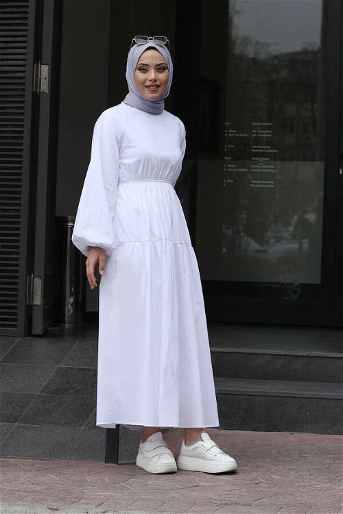 Elastic Poplin Dress White