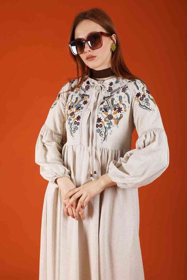 Embroidered Linen Dress Stone