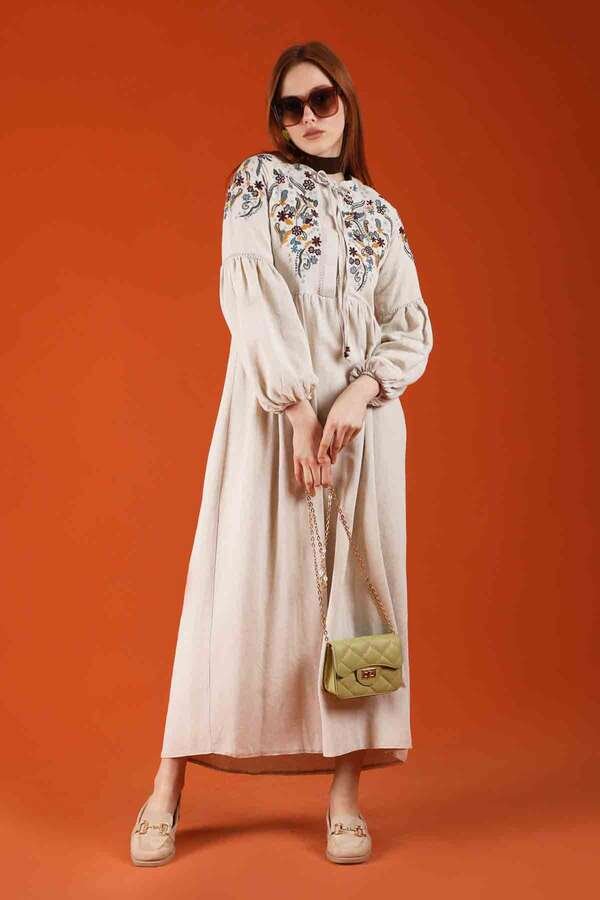 Embroidered Linen Dress Stone