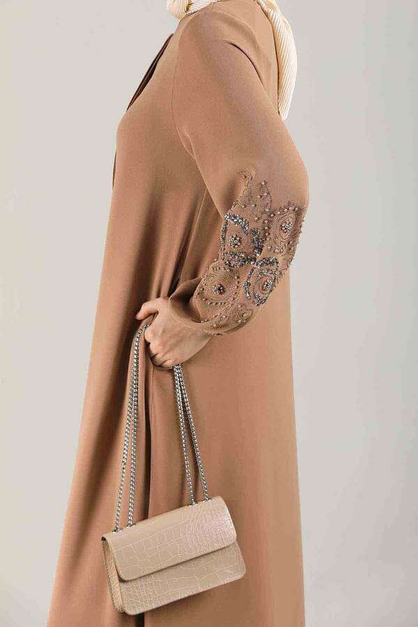 Embroidered Sleeves Abaya Camel