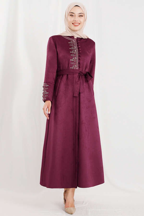 Embroidered Suede Abaya Plum