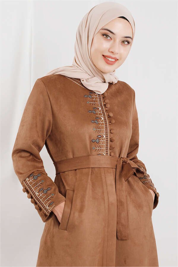 Embroidered Suede Abaya Tan