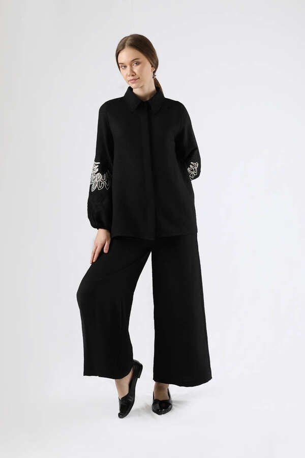 Zulays - Embroidery Detailed Linen Suit Black