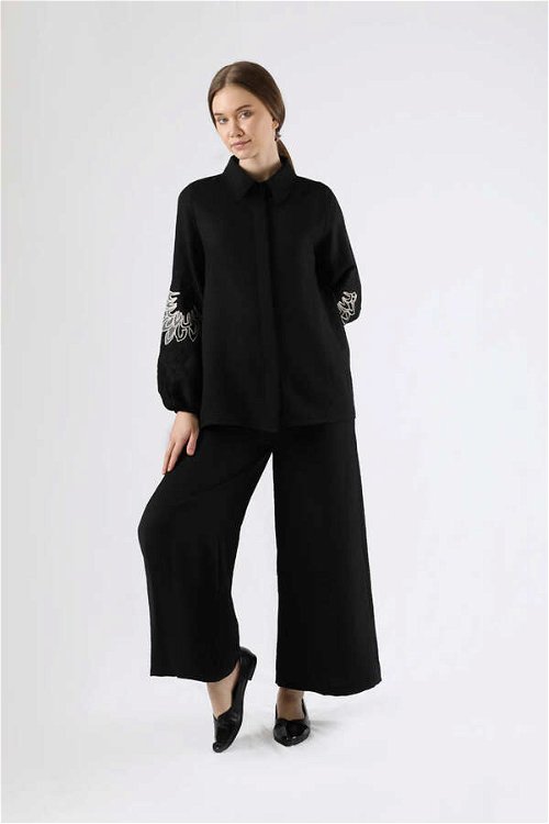 Embroidery Detailed Linen Suit Black