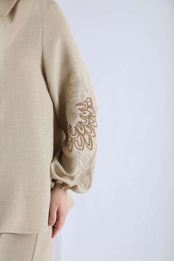Embroidery Detailed Linen Suit Stone