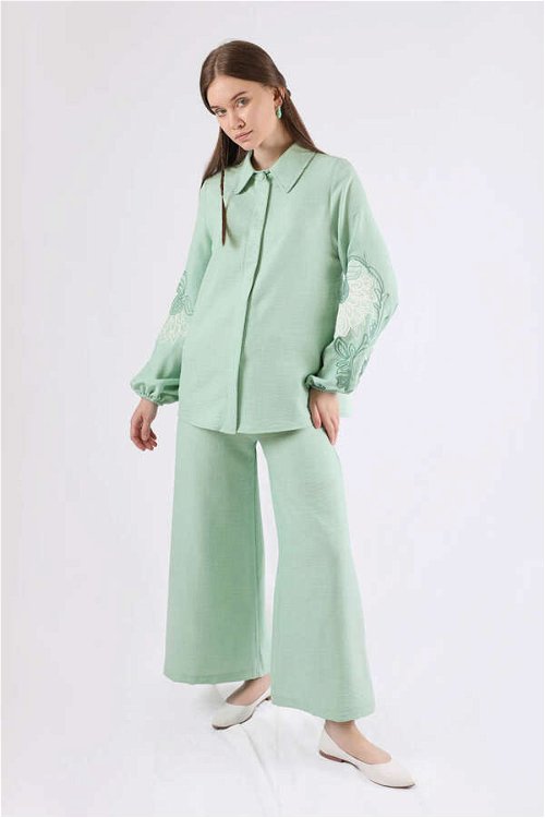 Embroidery Detailed Linen Suit Water Green