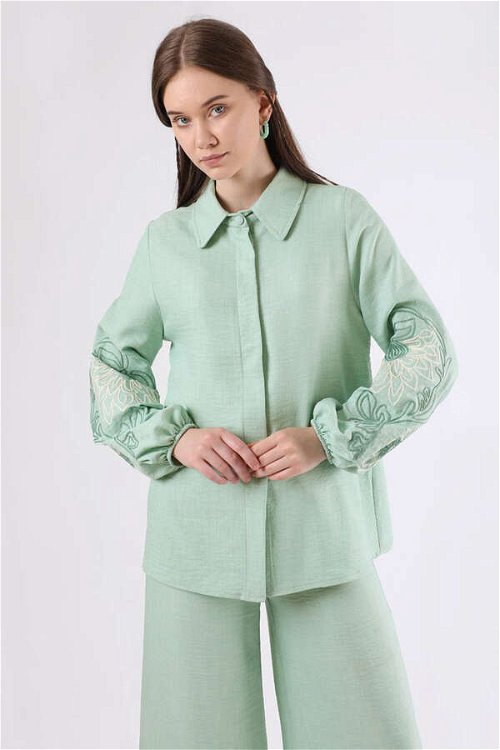Embroidery Detailed Linen Suit Water Green
