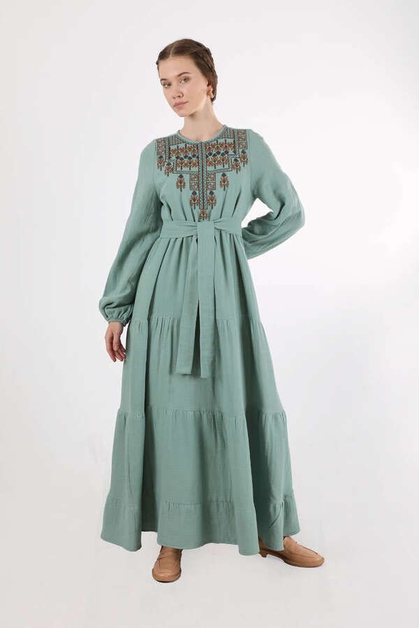 Zulays - Etnik Desen Büzgülü Elbise Mint