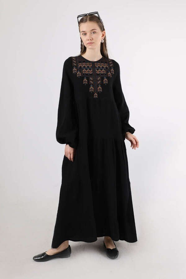 Zulays - Etnik Desen Büzgülü Elbise Siyah