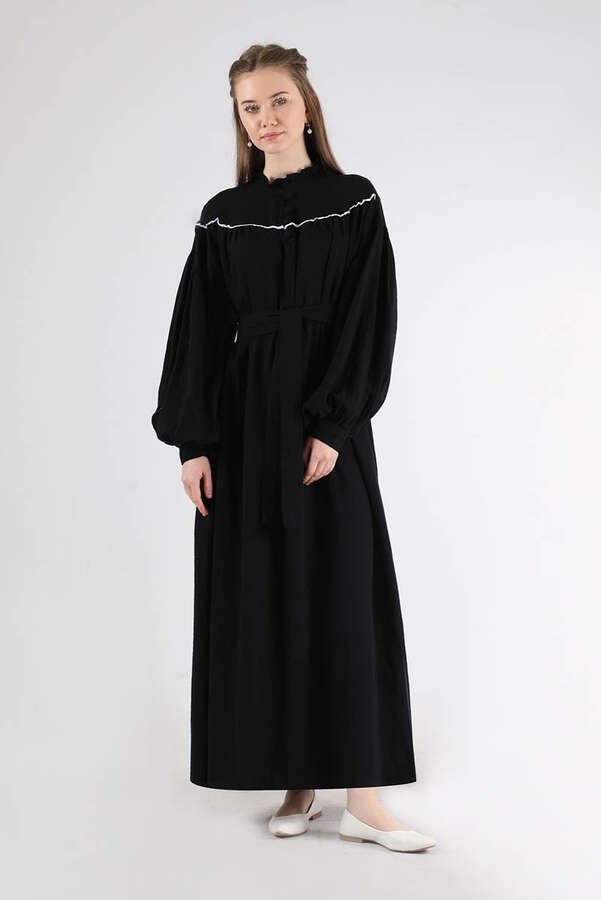 Zulays - Fırfır Yaka Kuşaklı Elbise Siyah