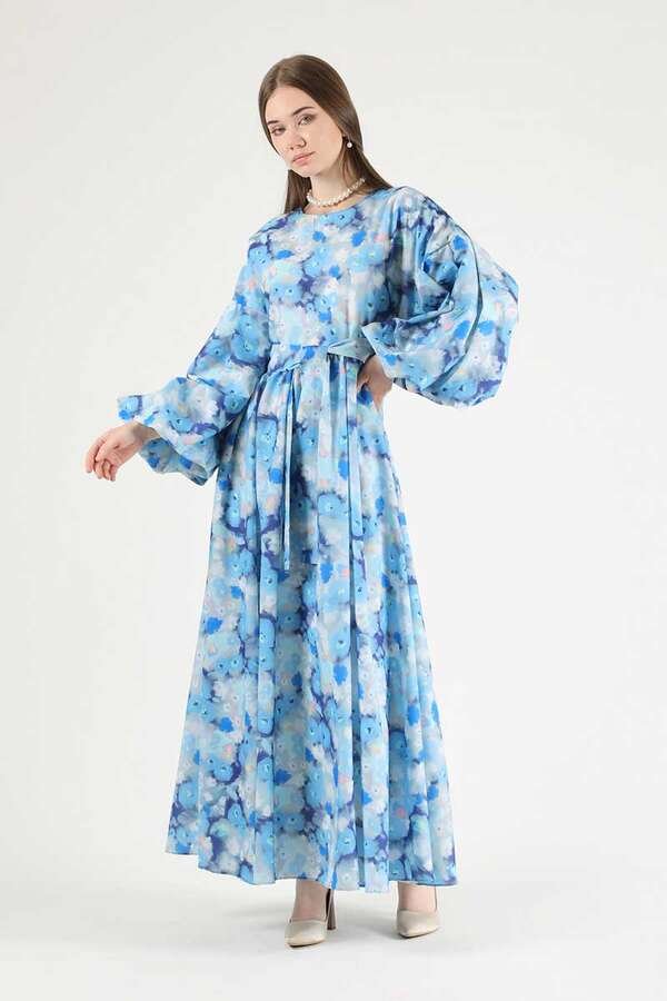 Zulays - Floral Patterned Balloon Sleeve Dress Blue