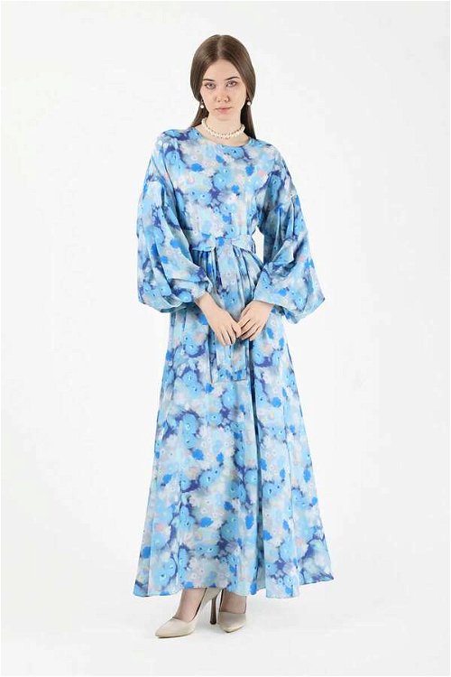 Floral Patterned Balloon Sleeve Dress Blue