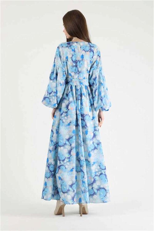 Floral Patterned Balloon Sleeve Dress Blue