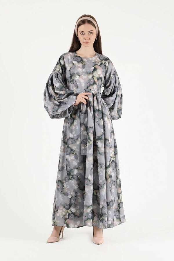 Zulays - Floral Patterned Balloon Sleeve Dress Grey