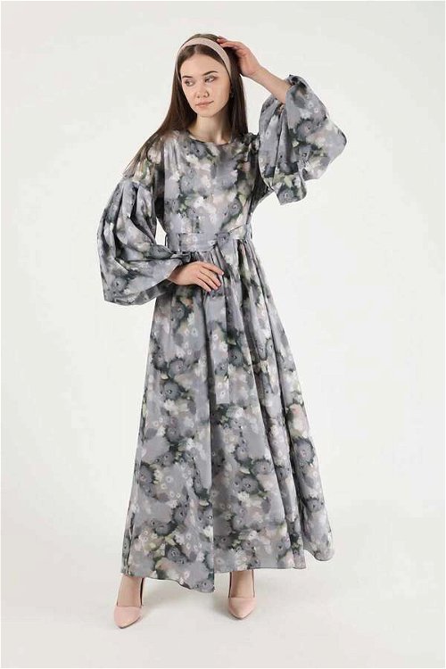 Floral Patterned Balloon Sleeve Dress Grey