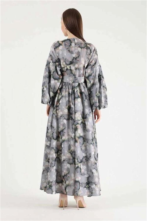 Floral Patterned Balloon Sleeve Dress Grey