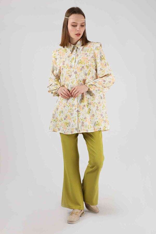 Zulays - Floral Shirt Flared Set Oil Green