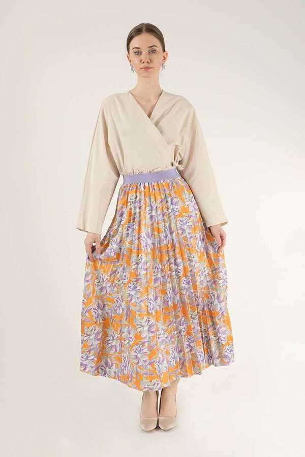 Zulays - Floral Tone Patterned Skirt Orange
