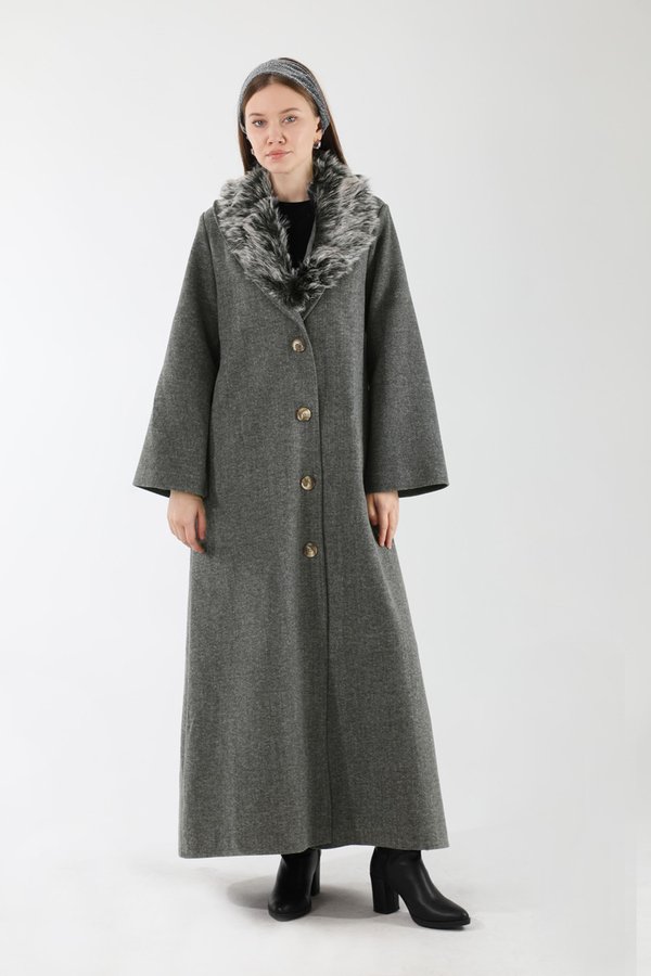 Zulays - Furry Buttoned Cachet Coat Anthracite