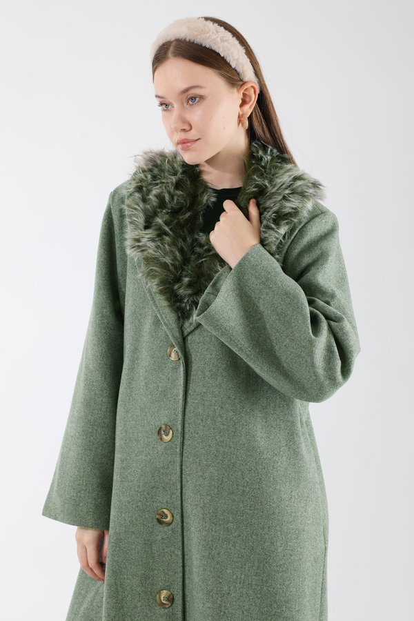 Furry Buttoned Cachet Coat Khaki