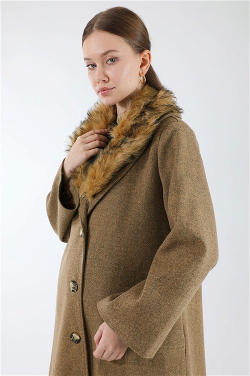 Furry Buttoned Cachet Coat Tan