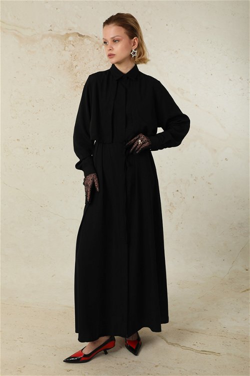Zulays - Gizli Düğmeli Biye Kuşaklı Elbise Siyah