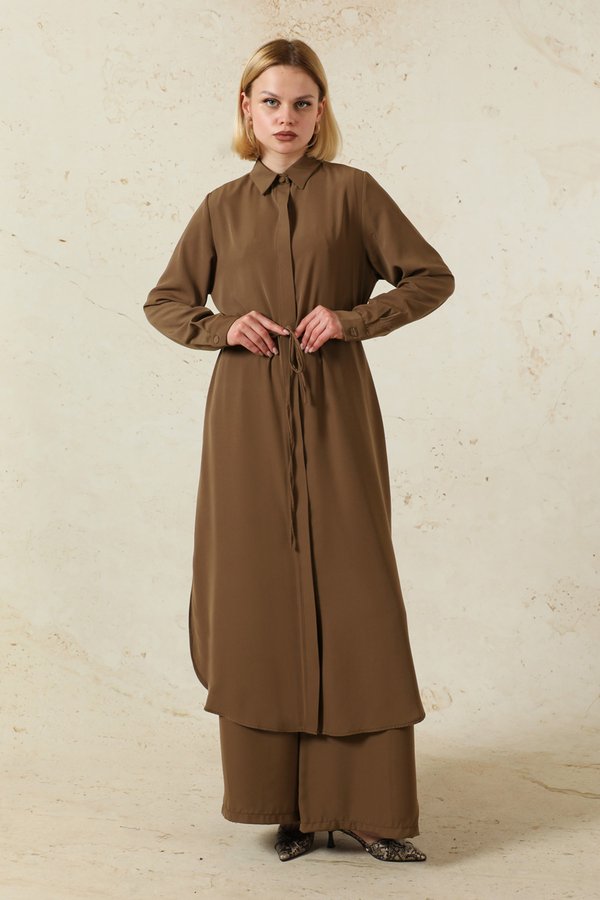 Zulays - Medine İpeği Tunik Takım Kahverengi
