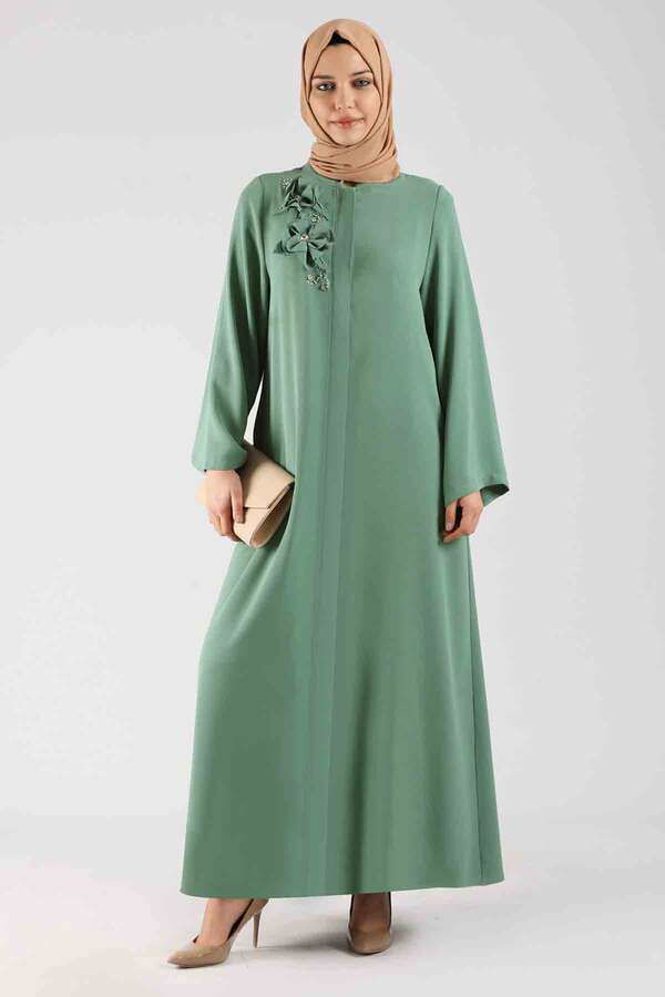 Gül Detaylı Abaya Yeşil