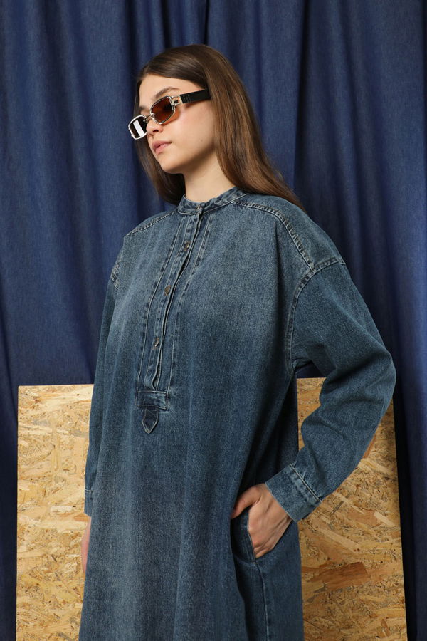 Zulays - Denim Tunik Elbise Koyu Mavi