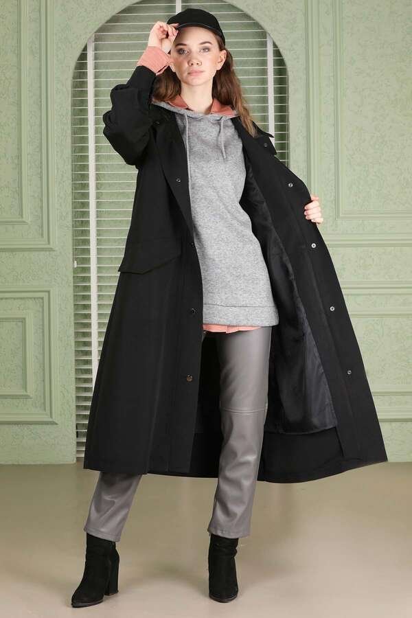 Hooded With Pockets Trench Black
