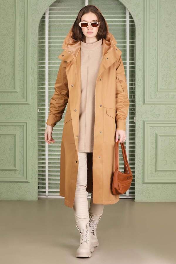 Hooded With Pockets Trench Camel