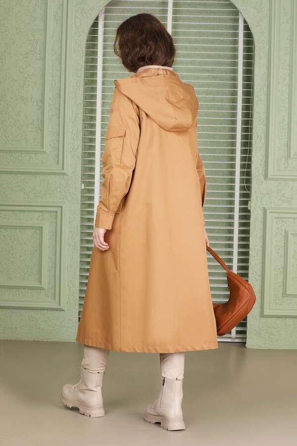 Hooded With Pockets Trench Camel