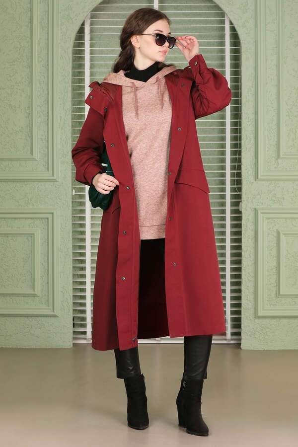 Zulays - Hooded With Pockets Trench Claret Red