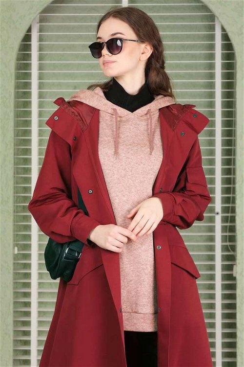 Hooded With Pockets Trench Claret Red