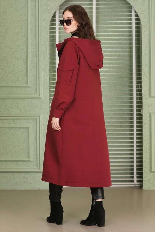 Hooded With Pockets Trench Claret Red